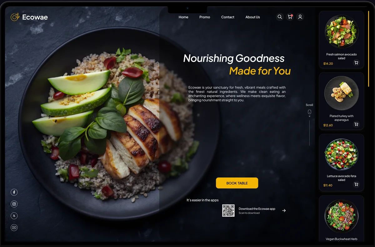Ecowae homepage on a laptop: chicken and avocado bowl, 'Nourishing Goodness Made for You', menu cards and Book Table button