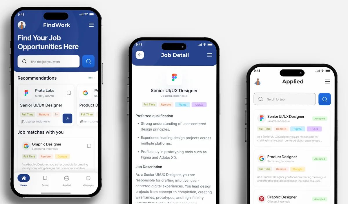FindWork app screens: home with recommendations, job detail with apply button, and applied jobs list