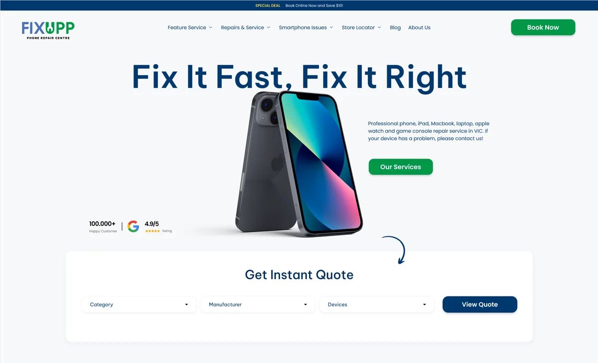 FixUpp homepage design on desktop and mobile: hero, instant quote tool, repair categories and smartphone issues