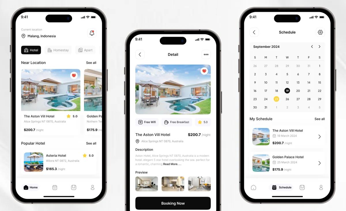Hotelku app screens: home with nearby and popular hotels, hotel detail with Booking Now button, and schedule calendar