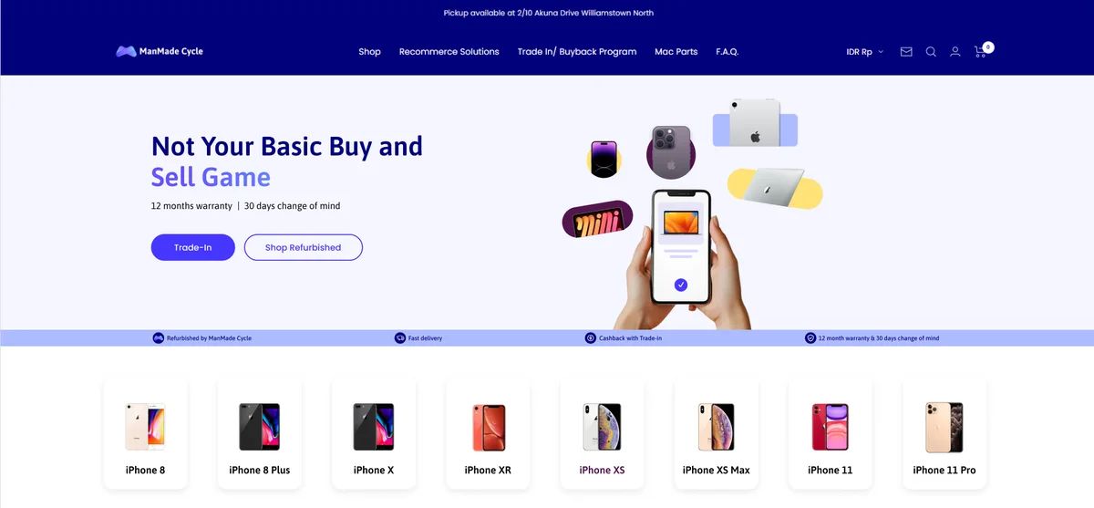 ManMade Cycle homepage design on desktop and mobile: hero, iPhone model carousel and most-wanted categories
