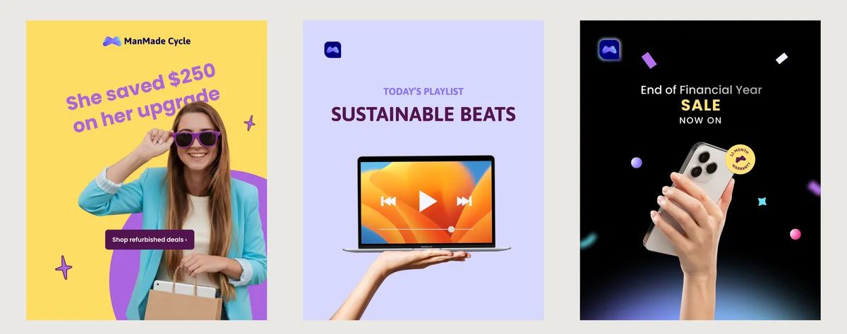 ManMade Cycle social posts: savings story, sustainable playlist, end of financial year sale, Father's Day, Christmas special and sustainability fact