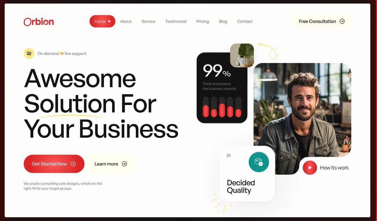 Orbion website on a desktop monitor and a phone, with a portfolio section and agency introduction