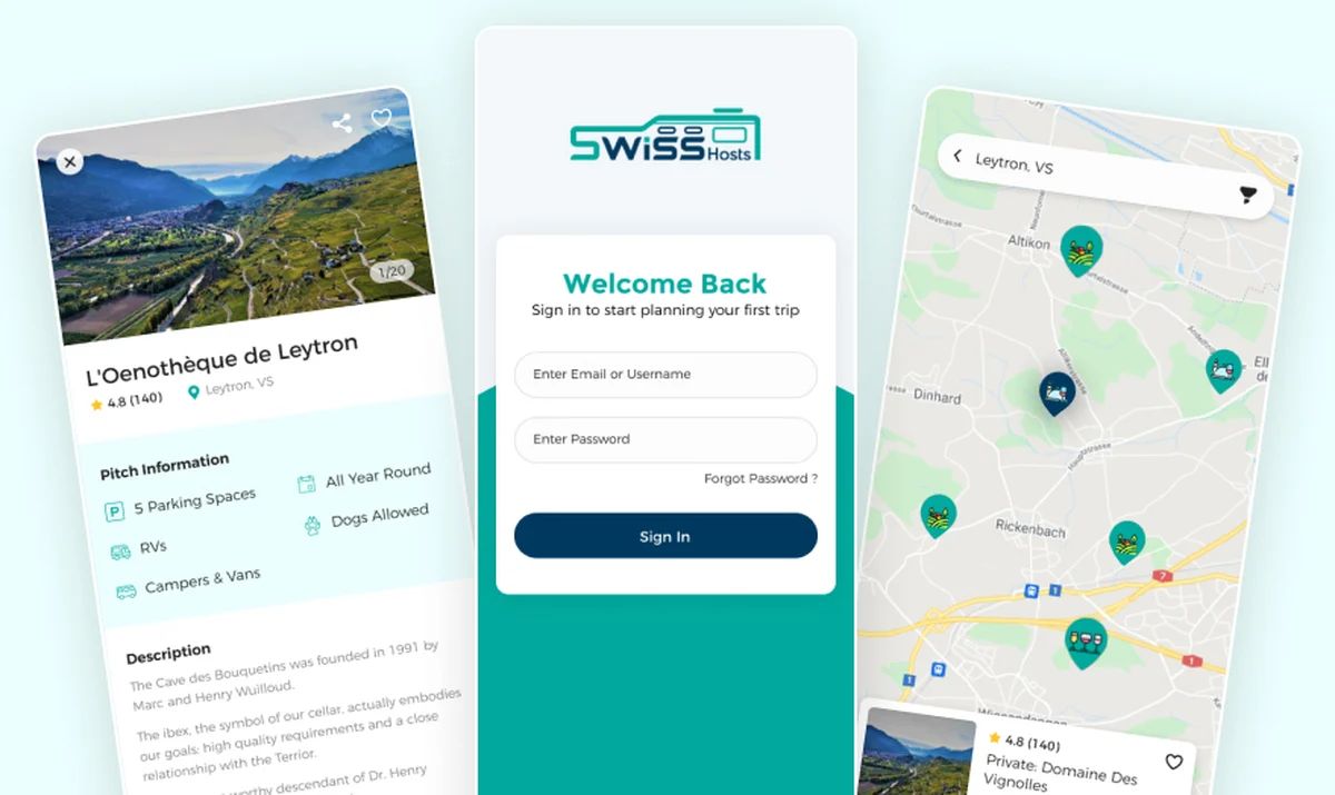 Swiss Hosts host detail page, sign-in screen and map of hosts in Leytron