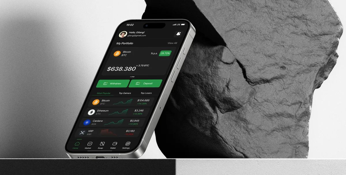 Trado portfolio screen on a phone resting against a stone sculpture