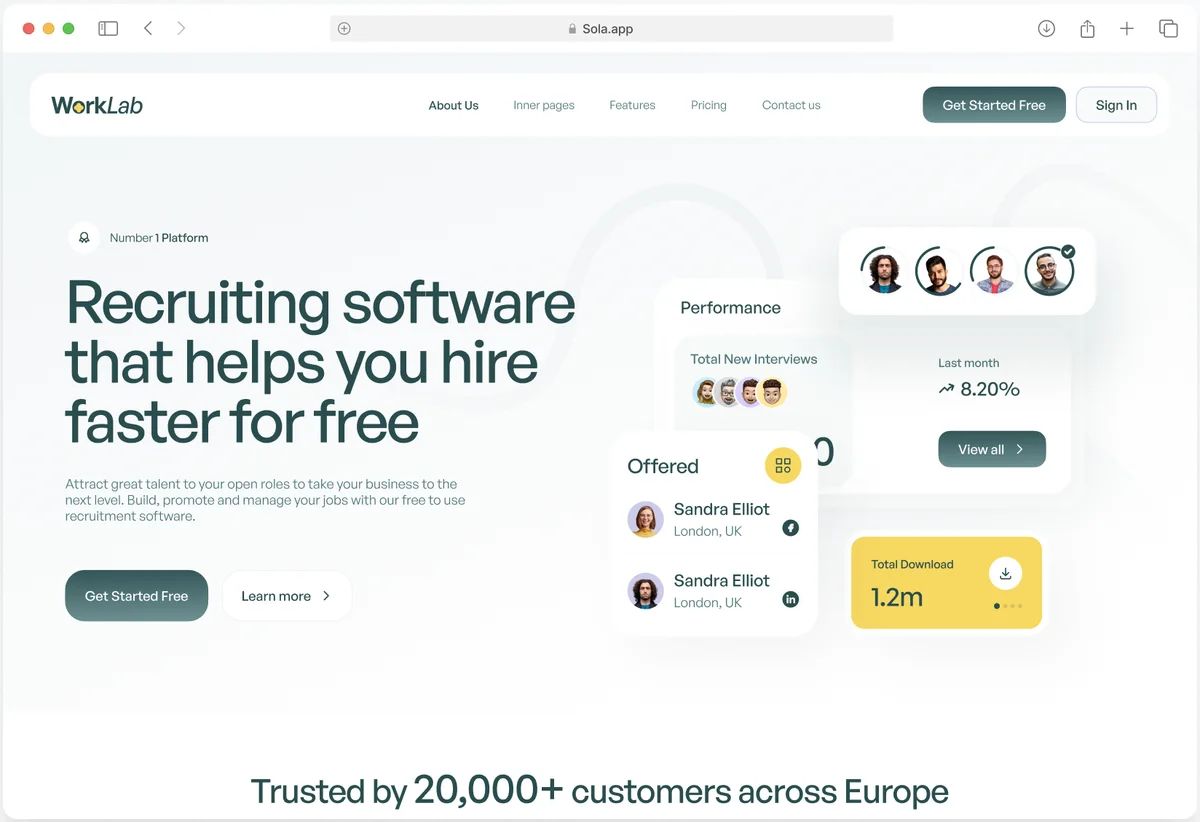 WorkLab website on mobile and desktop, with feature cards and a success-rate panel