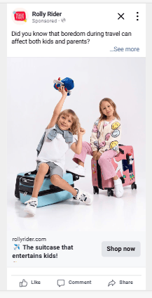 Rolly Rider Facebook ad: two children sitting on colourful ride-on suitcases, headline 'The suitcase that entertains kids!'