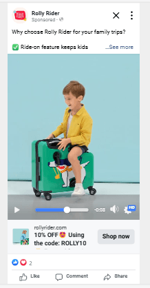 Rolly Rider Facebook video ad: a boy riding a green suitcase, with a 10% off code ROLLY10