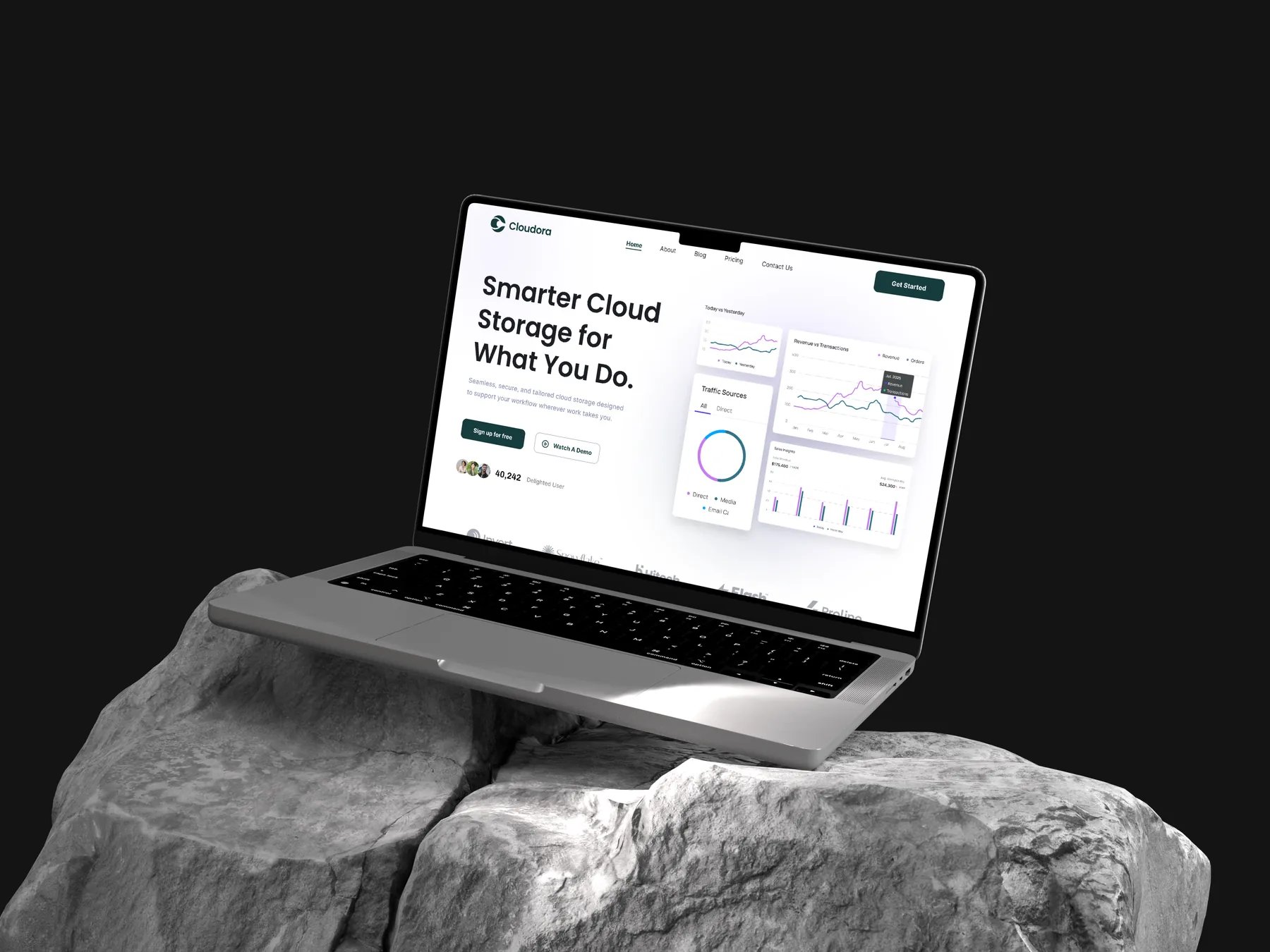 Cloudora landing page on a laptop resting on a rock