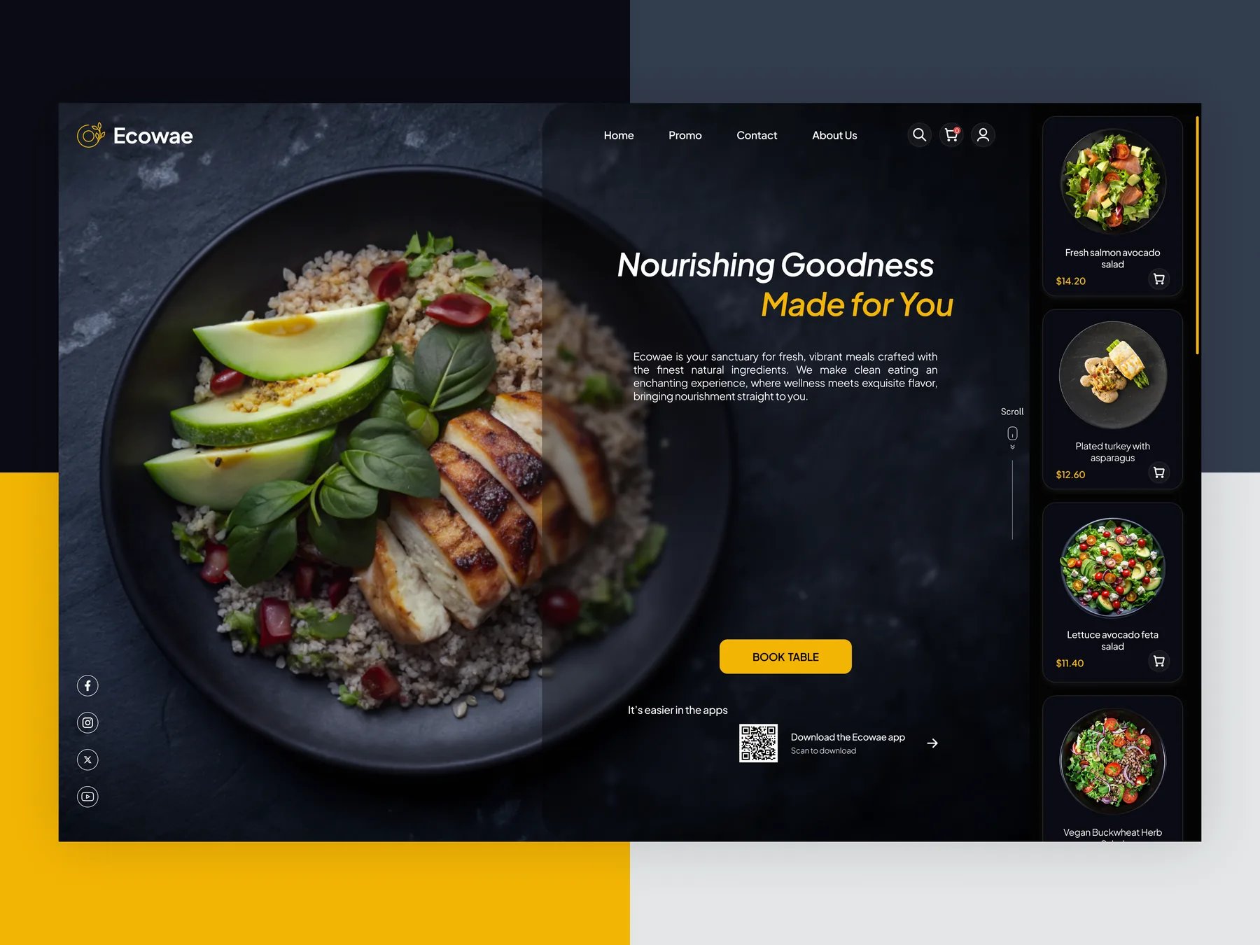 Ecowae homepage hero with menu rail, book table button and app download QR code