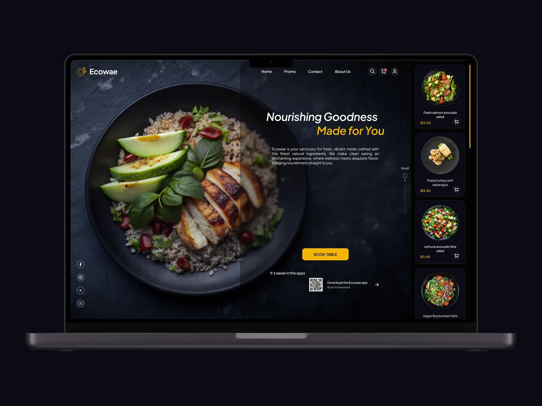 Ecowae homepage on a laptop: chicken and avocado bowl, 'Nourishing Goodness Made for You', menu cards and Book Table button