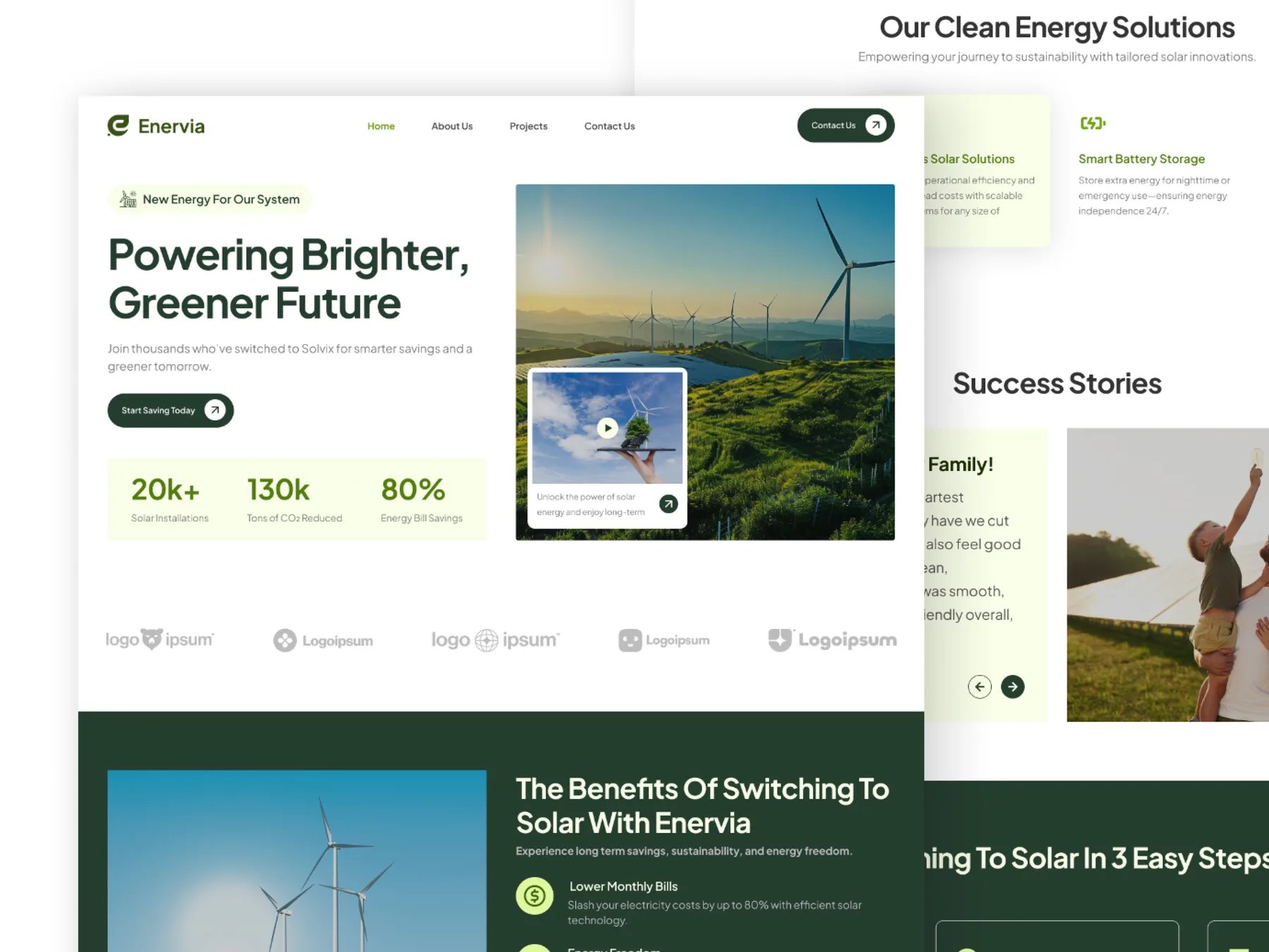 Enervia landing page sections: hero, clean energy solutions, success stories and benefits of switching to solar