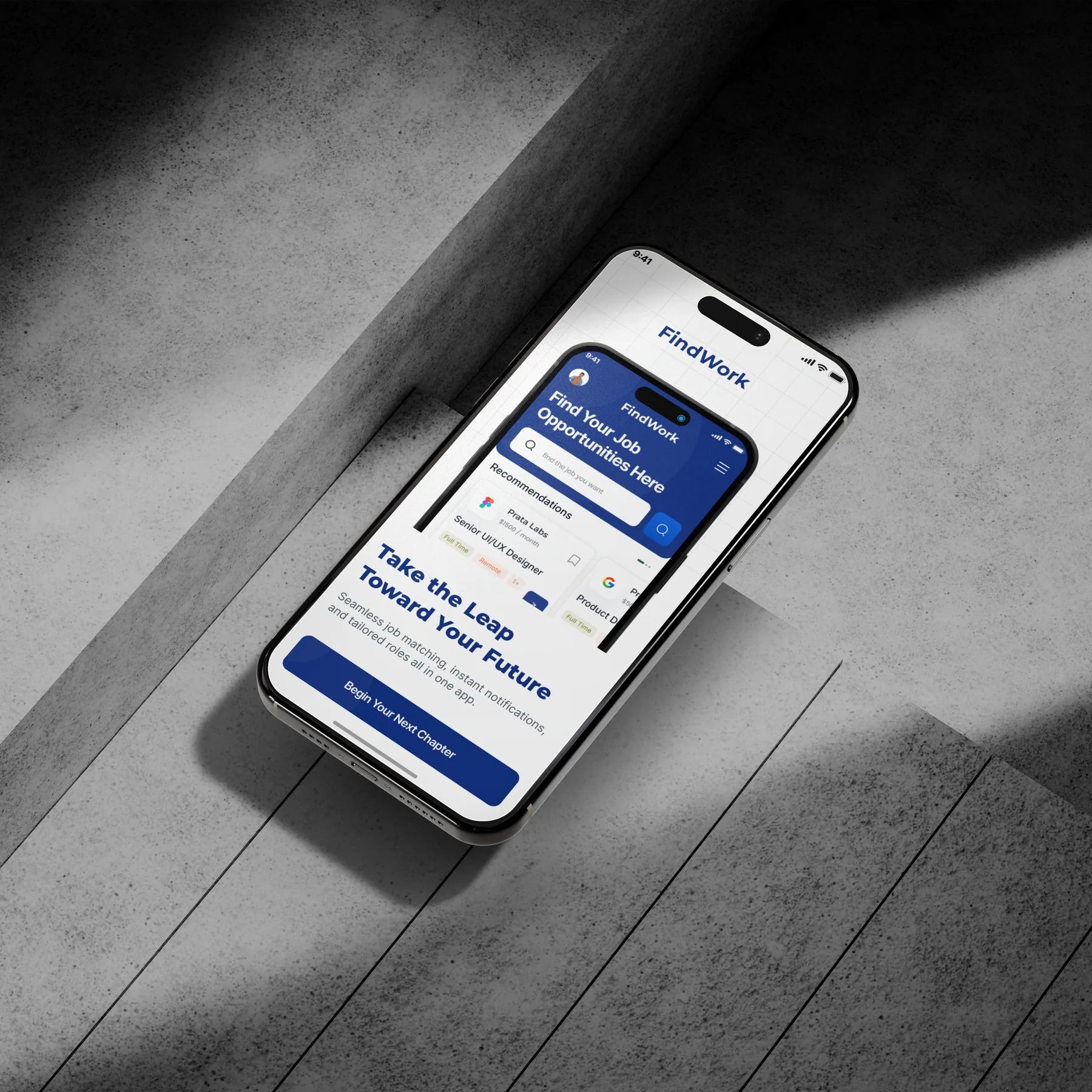 FindWork onboarding screen on a phone: 'Take the Leap Toward Your Future'