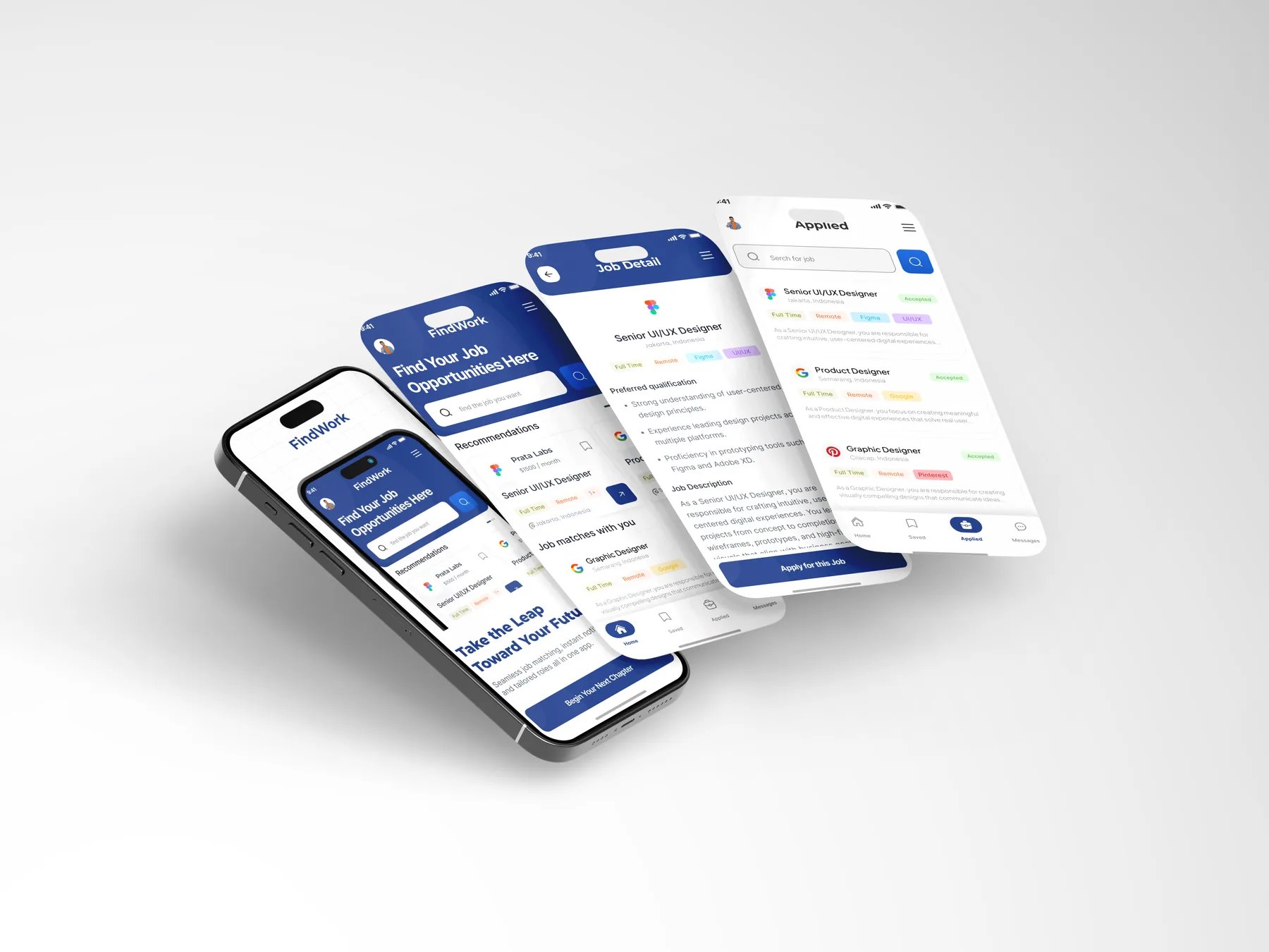 FindWork app screens fanned out in perspective
