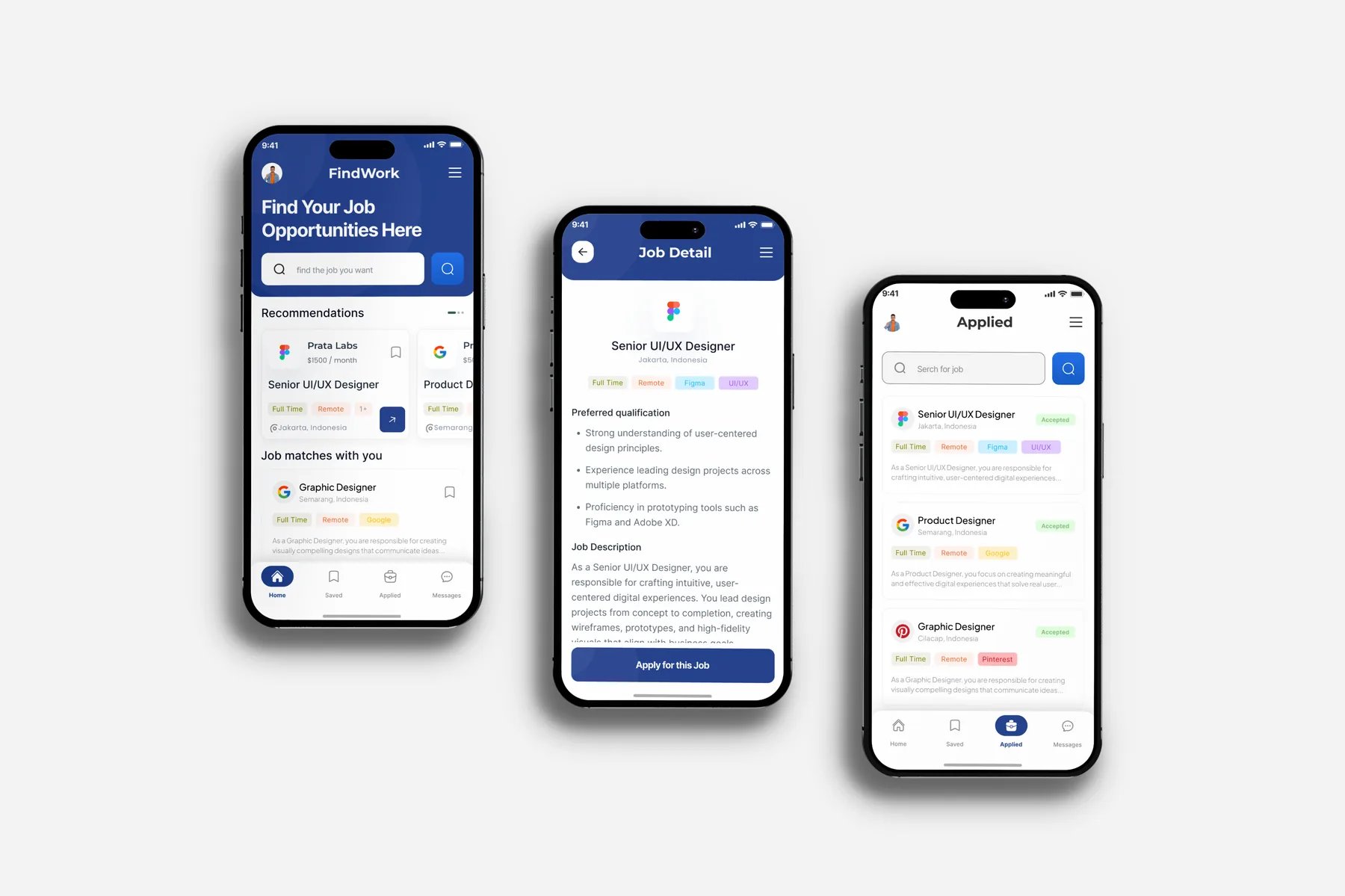 FindWork app screens: home with recommendations, job detail with apply button, and applied jobs list