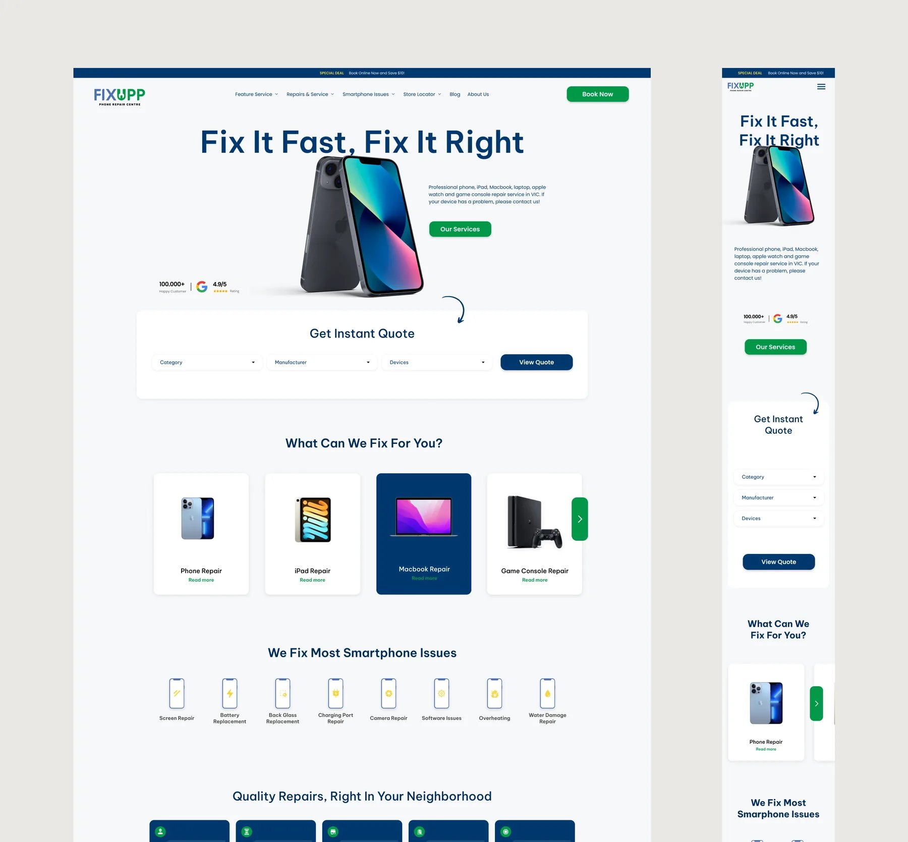 FixUpp homepage design on desktop and mobile: hero, instant quote tool, repair categories and smartphone issues