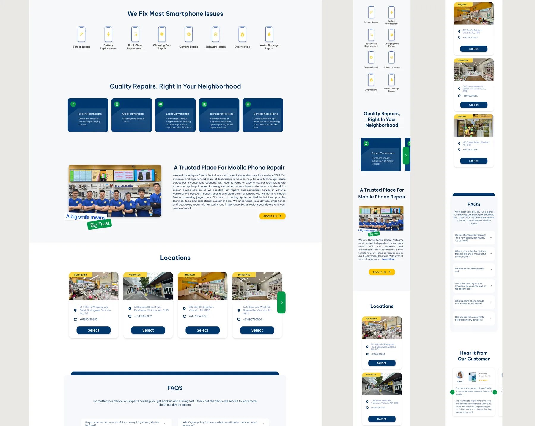 FixUpp design: smartphone issues, benefits, about section, store locations and FAQs on desktop and mobile