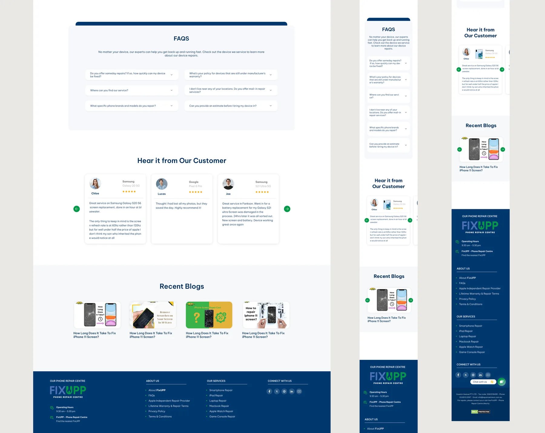 FixUpp design: FAQ accordion, customer reviews, recent blogs and footer on desktop and mobile