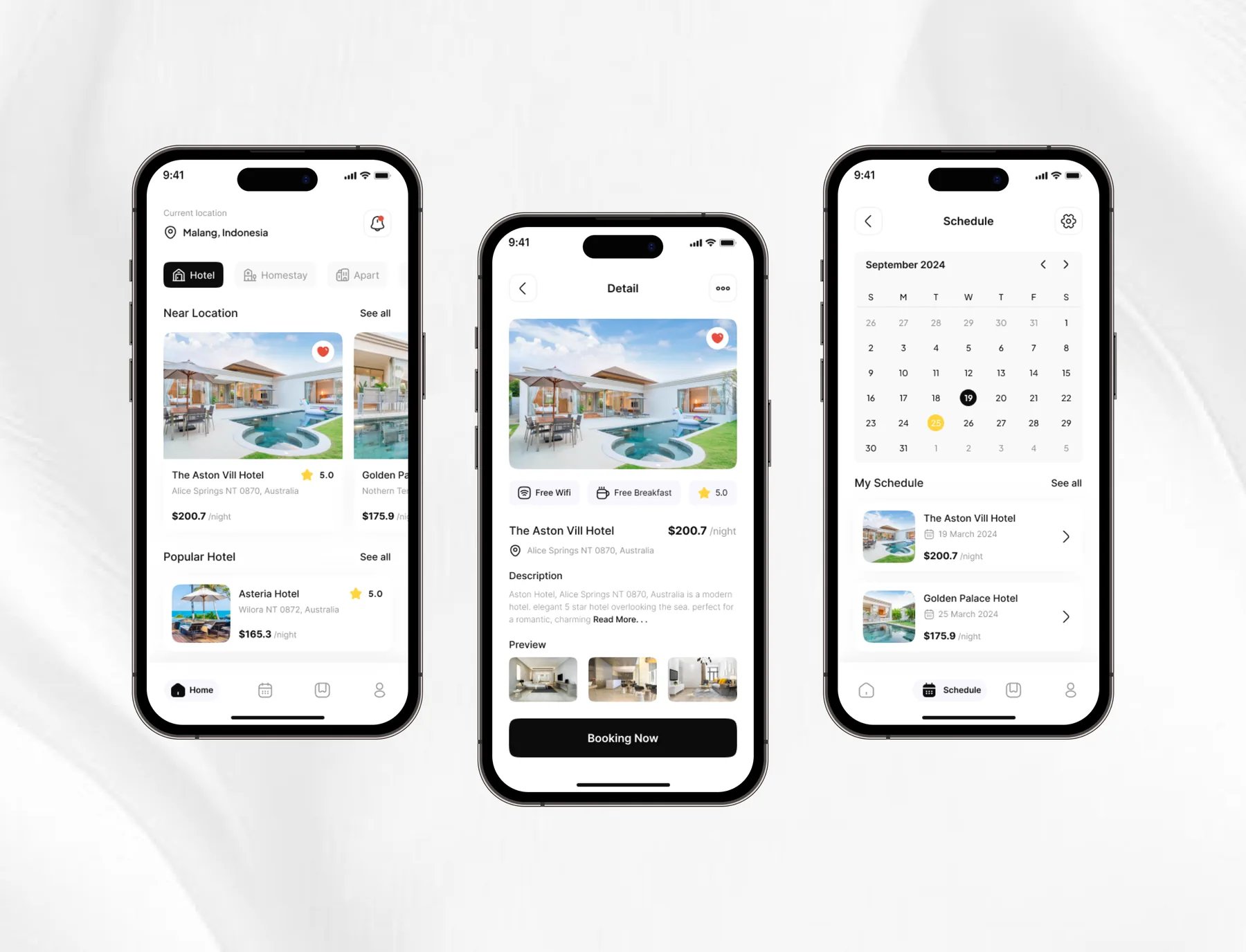 Hotelku app screens: home with nearby and popular hotels, hotel detail with Booking Now button, and schedule calendar