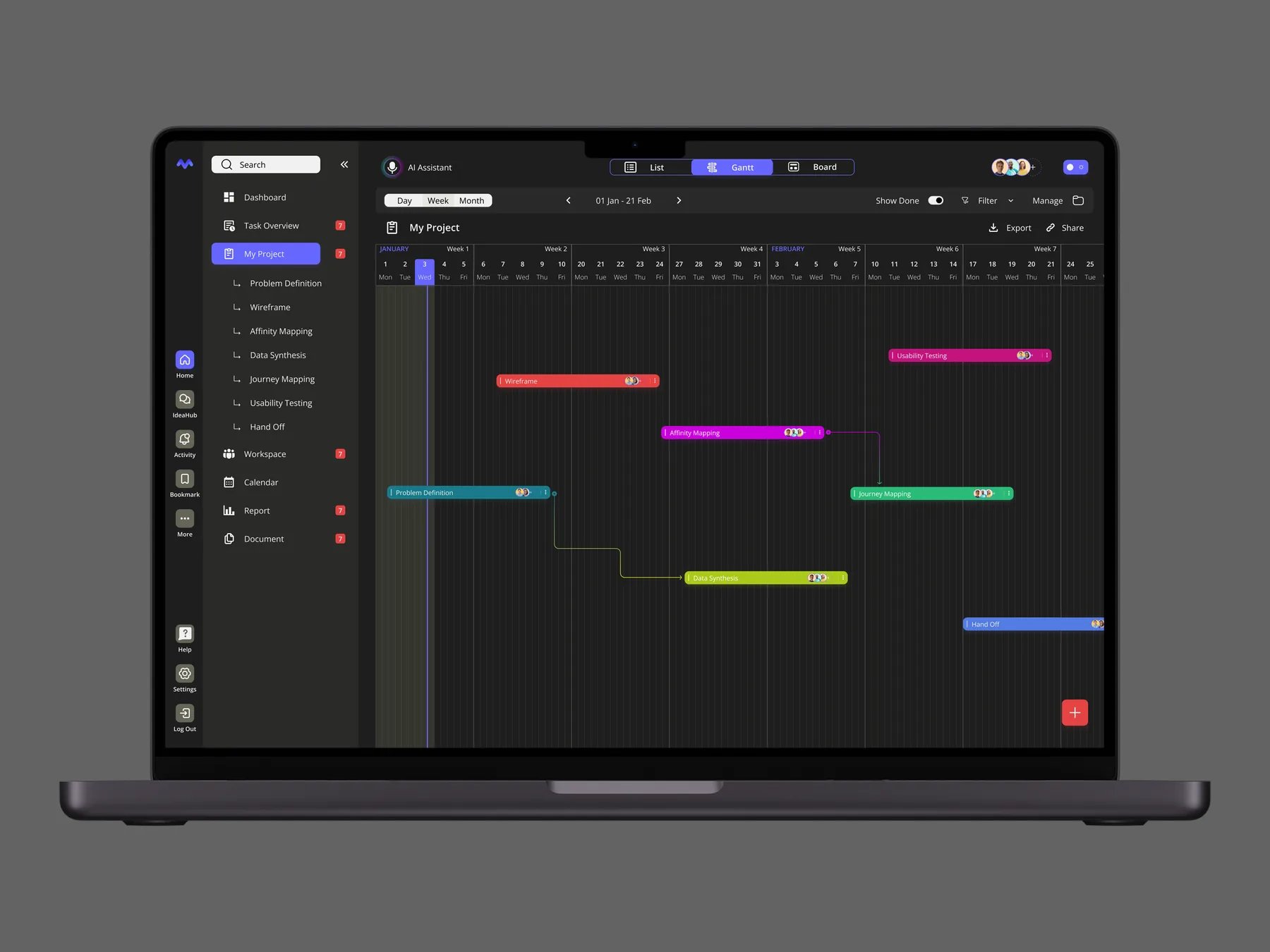 Majuo Gantt view on a laptop showing project tasks from problem definition to hand-off