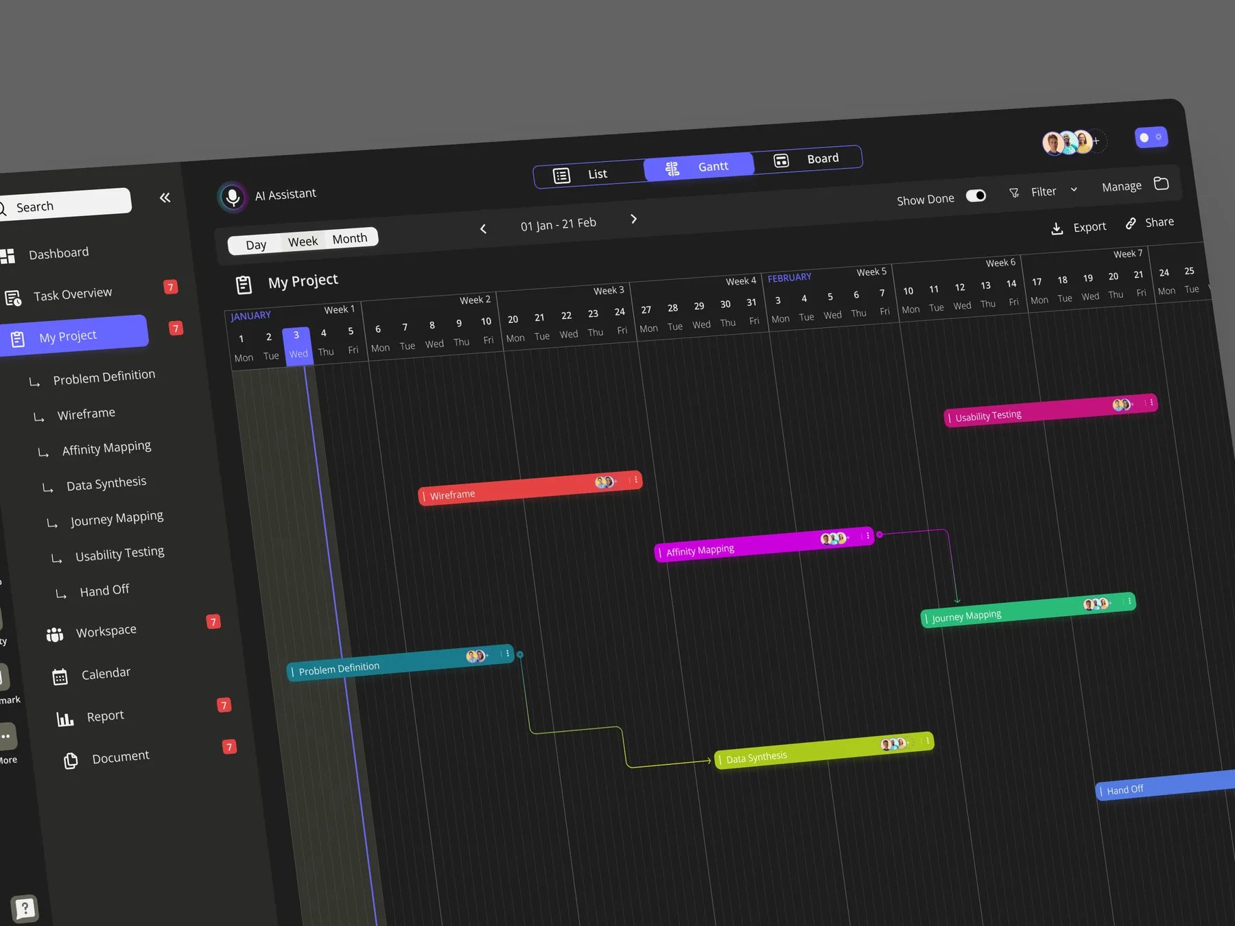 Majuo dashboard in perspective showing sidebar navigation and timeline