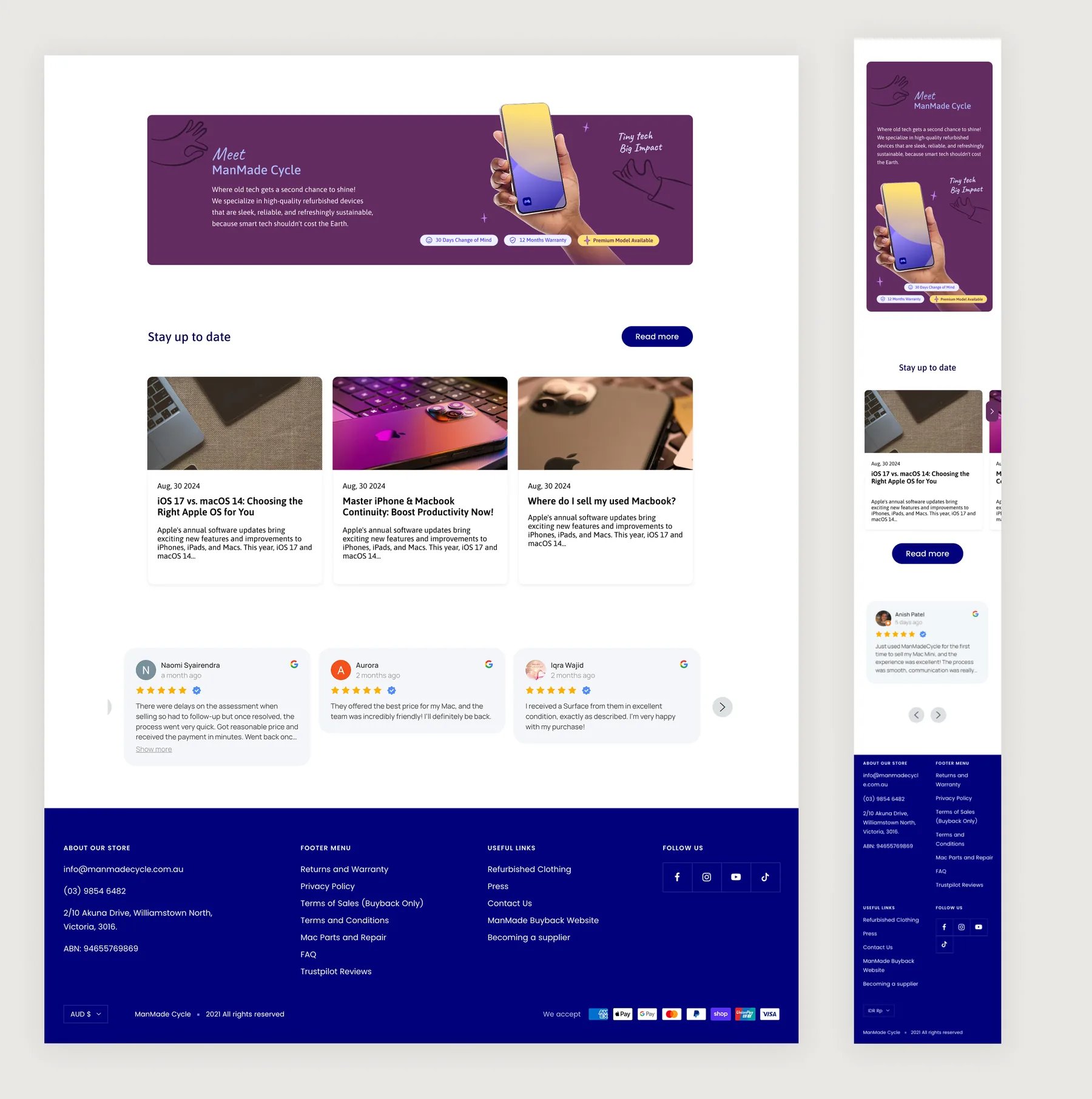 ManMade Cycle design: brand banner, blog cards, Google reviews and footer