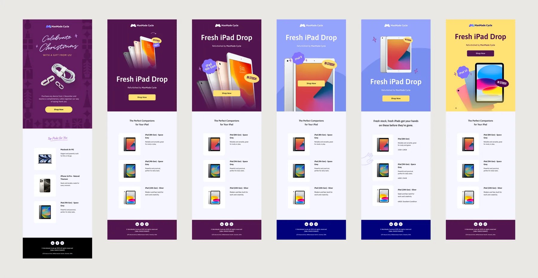 ManMade Cycle emails: Christmas gift and Fresh iPad Drop variations with product recommendations