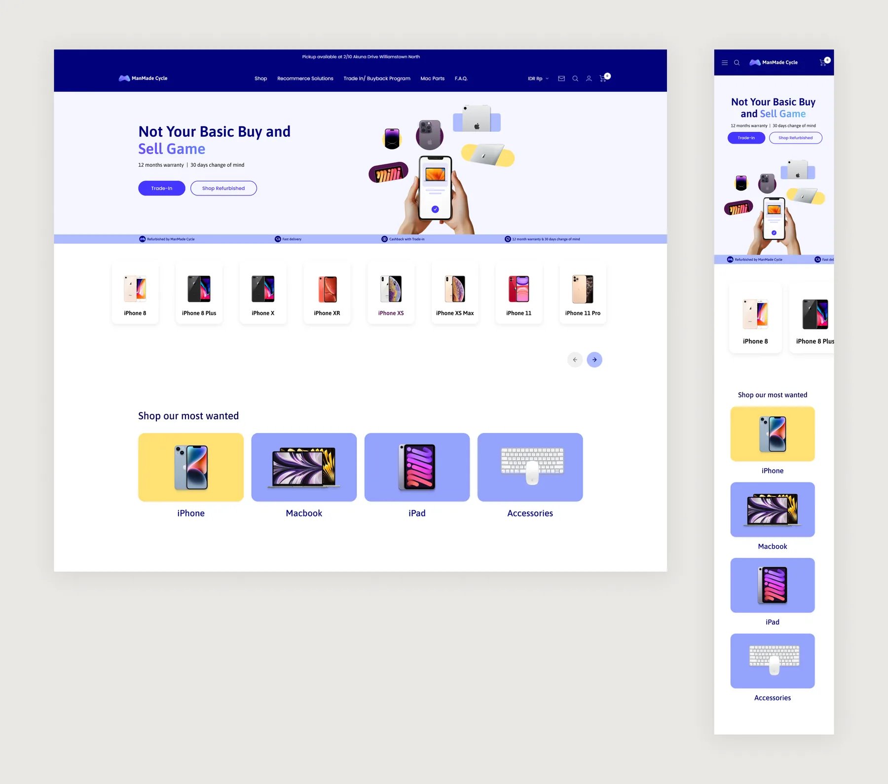 ManMade Cycle homepage design on desktop and mobile: hero, iPhone model carousel and most-wanted categories