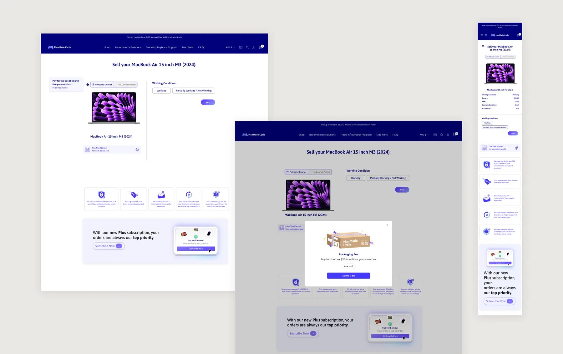 ManMade Cycle sell flow design: device condition selection, courier pickup options and packaging fee modal