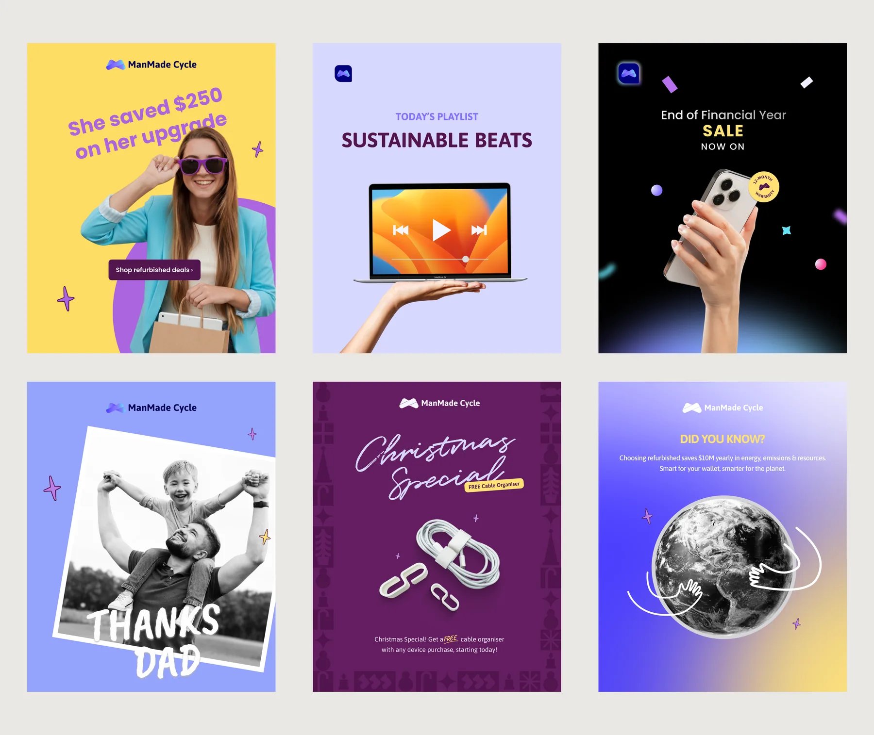 ManMade Cycle social posts: savings story, sustainable playlist, end of financial year sale, Father's Day, Christmas special and sustainability fact