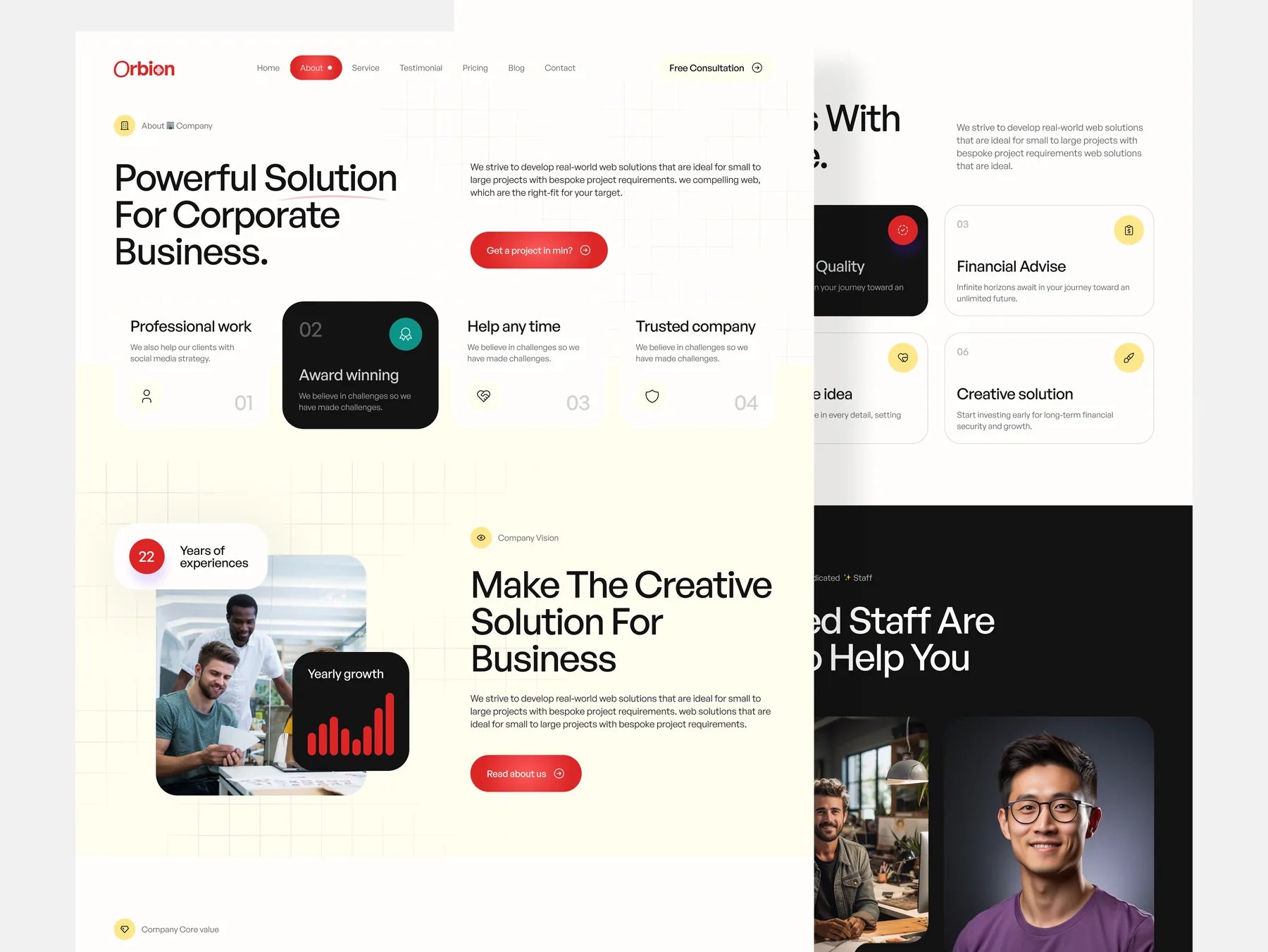 Orbion About page: corporate solution hero, value cards and company vision