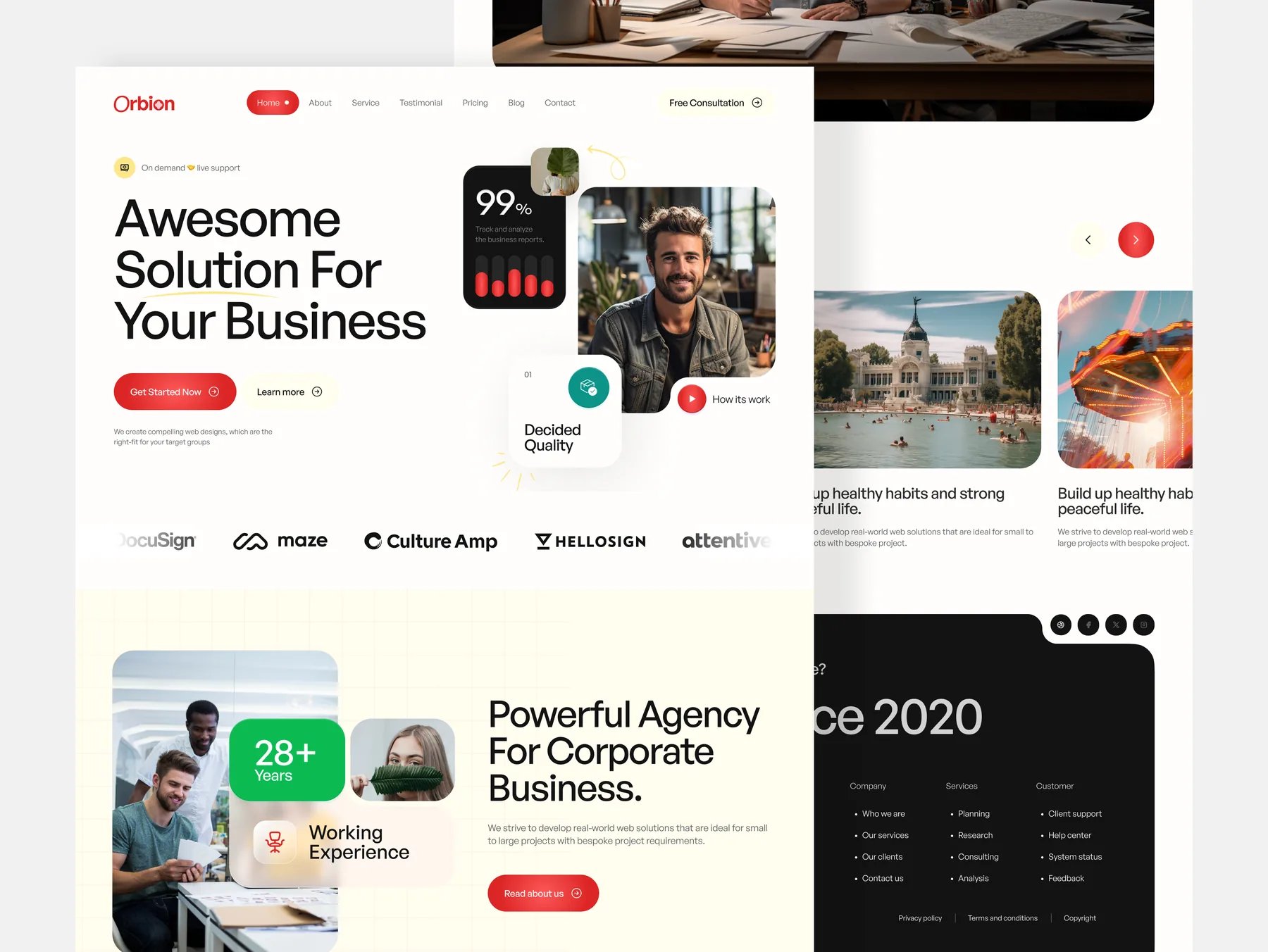 Orbion homepage: 'Awesome Solution For Your Business' hero, logo strip and agency introduction