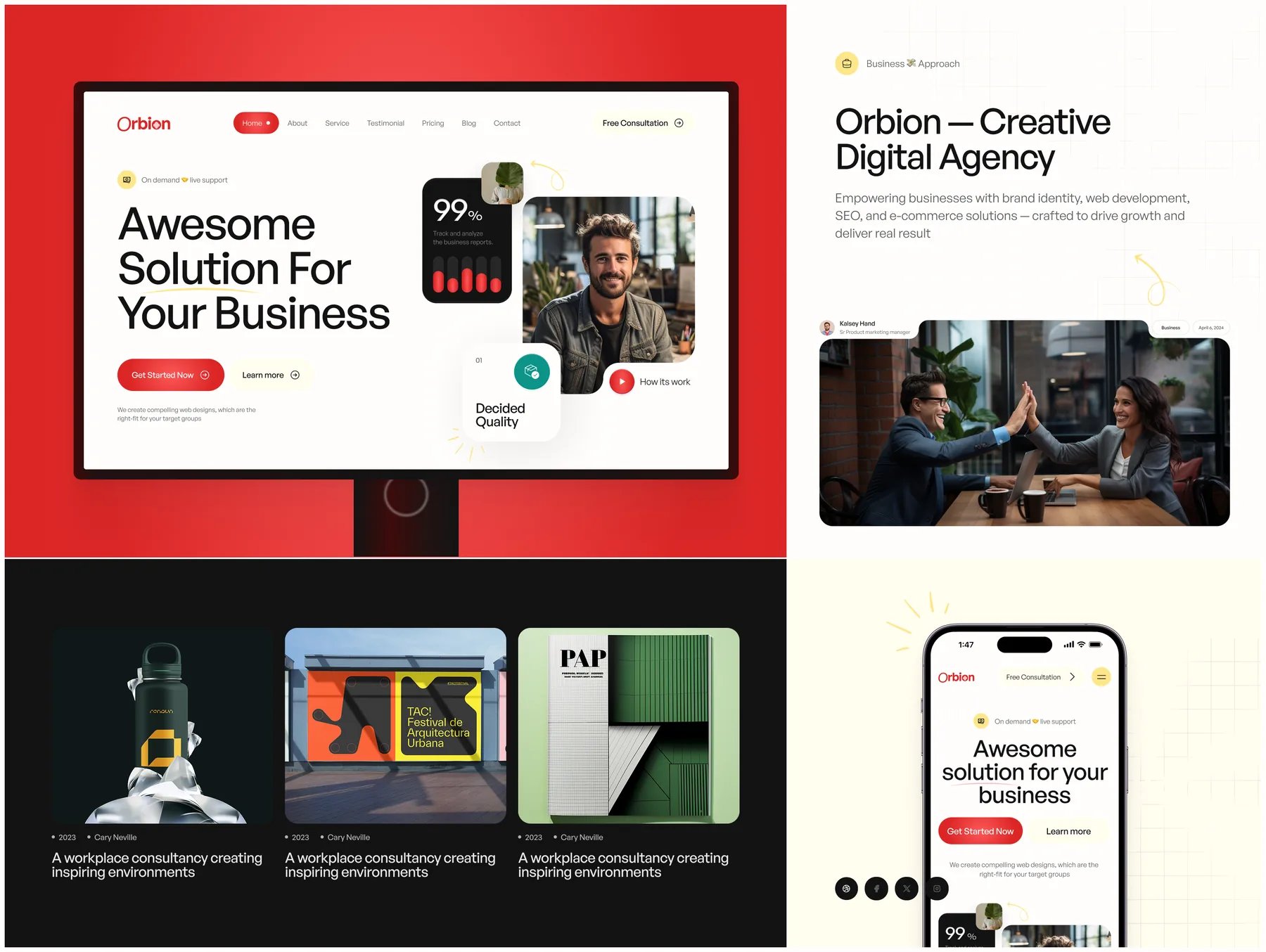 Orbion website on a desktop monitor and a phone, with a portfolio section and agency introduction
