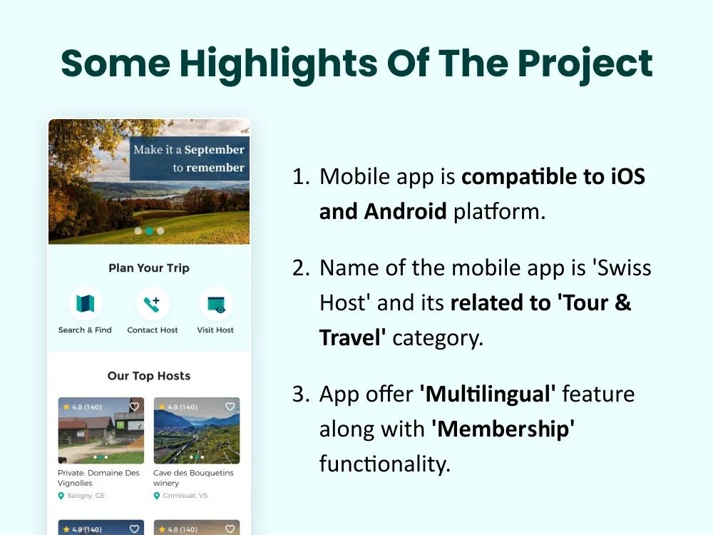 Swiss Hosts project highlights: iOS and Android, tour and travel category, multilingual and membership