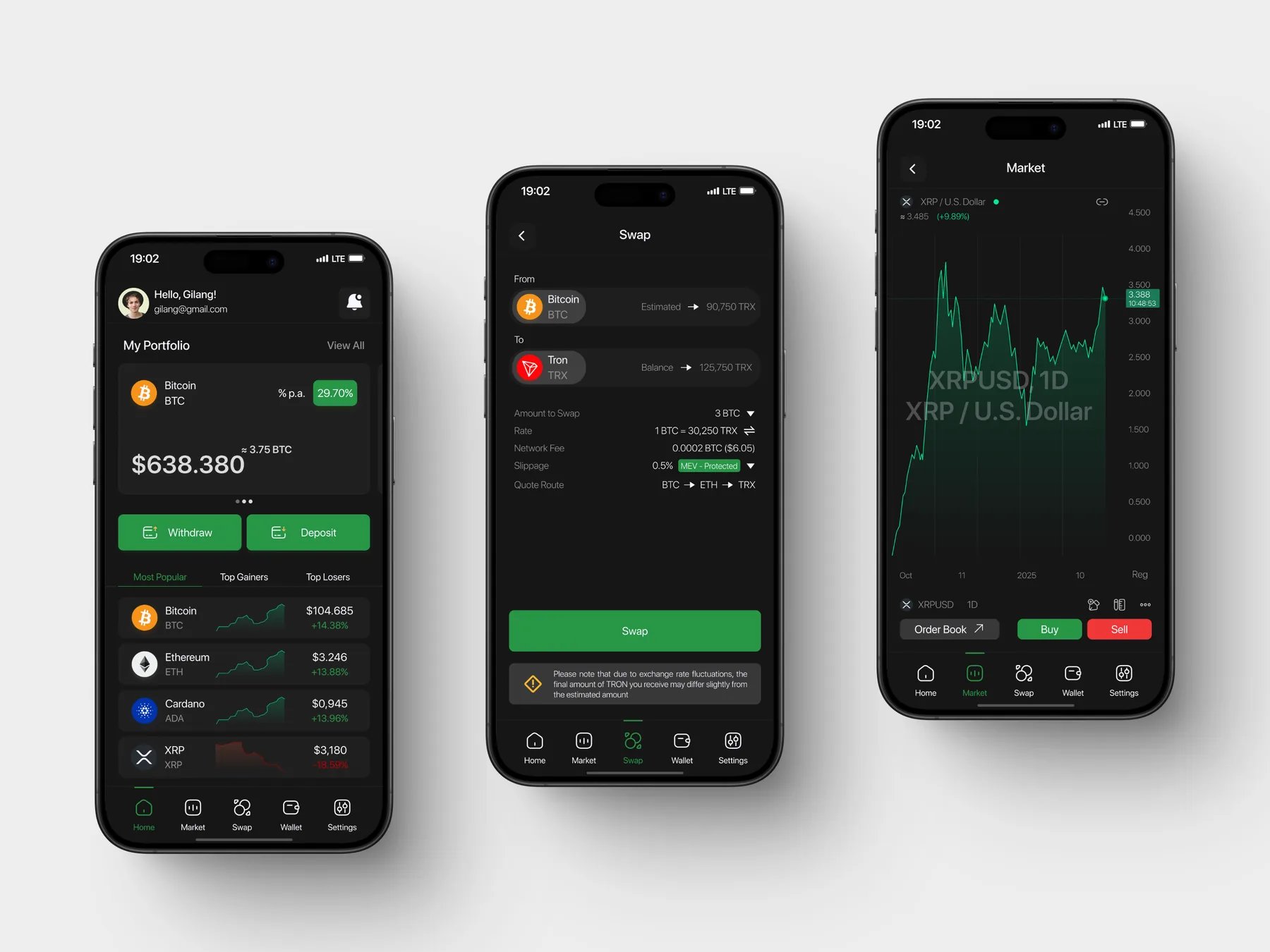 Trado app screens: portfolio home, swap from Bitcoin to Tron, and XRP market chart with buy and sell