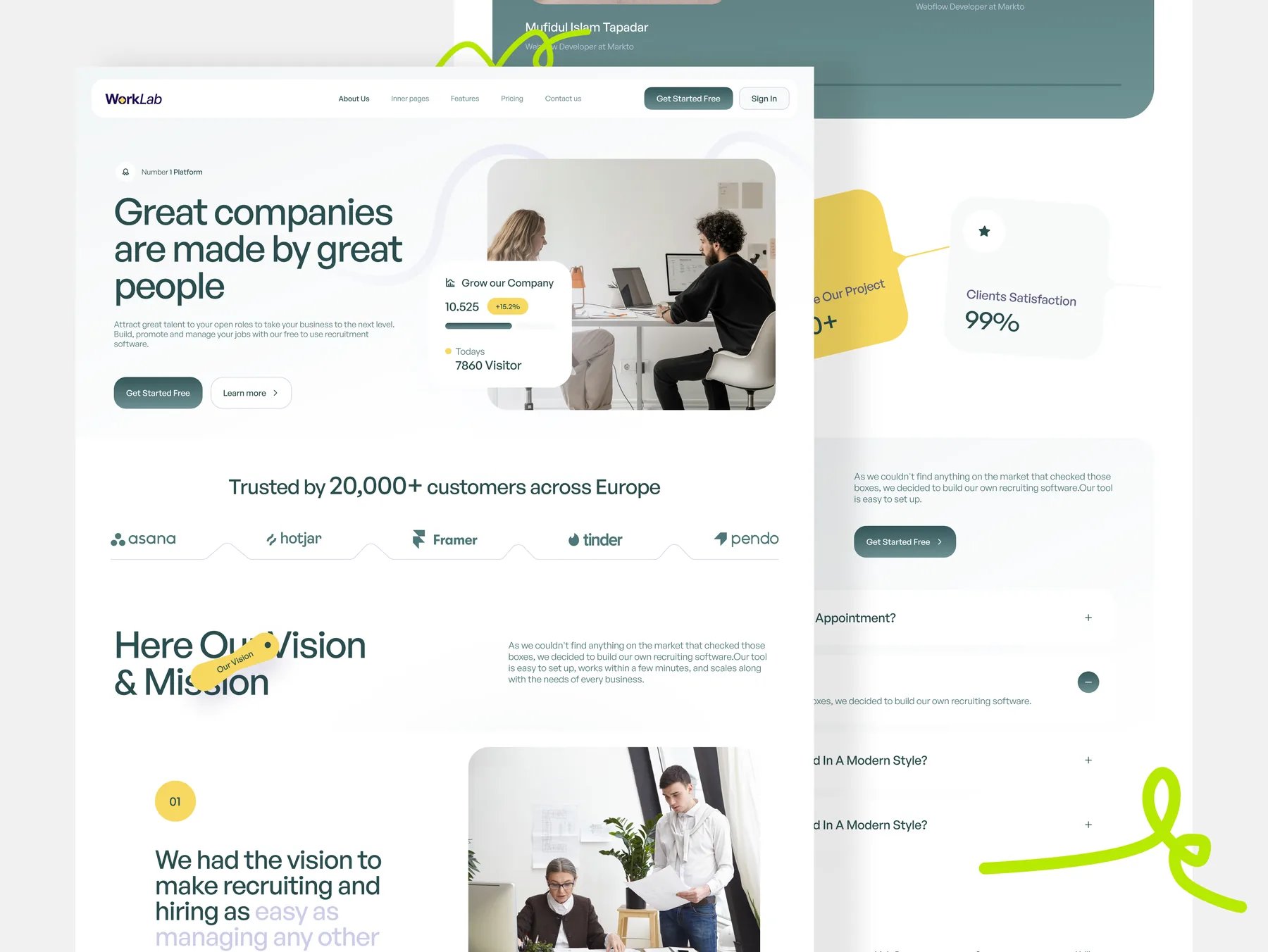 WorkLab About page: 'Great companies are made by great people', vision and mission, FAQ