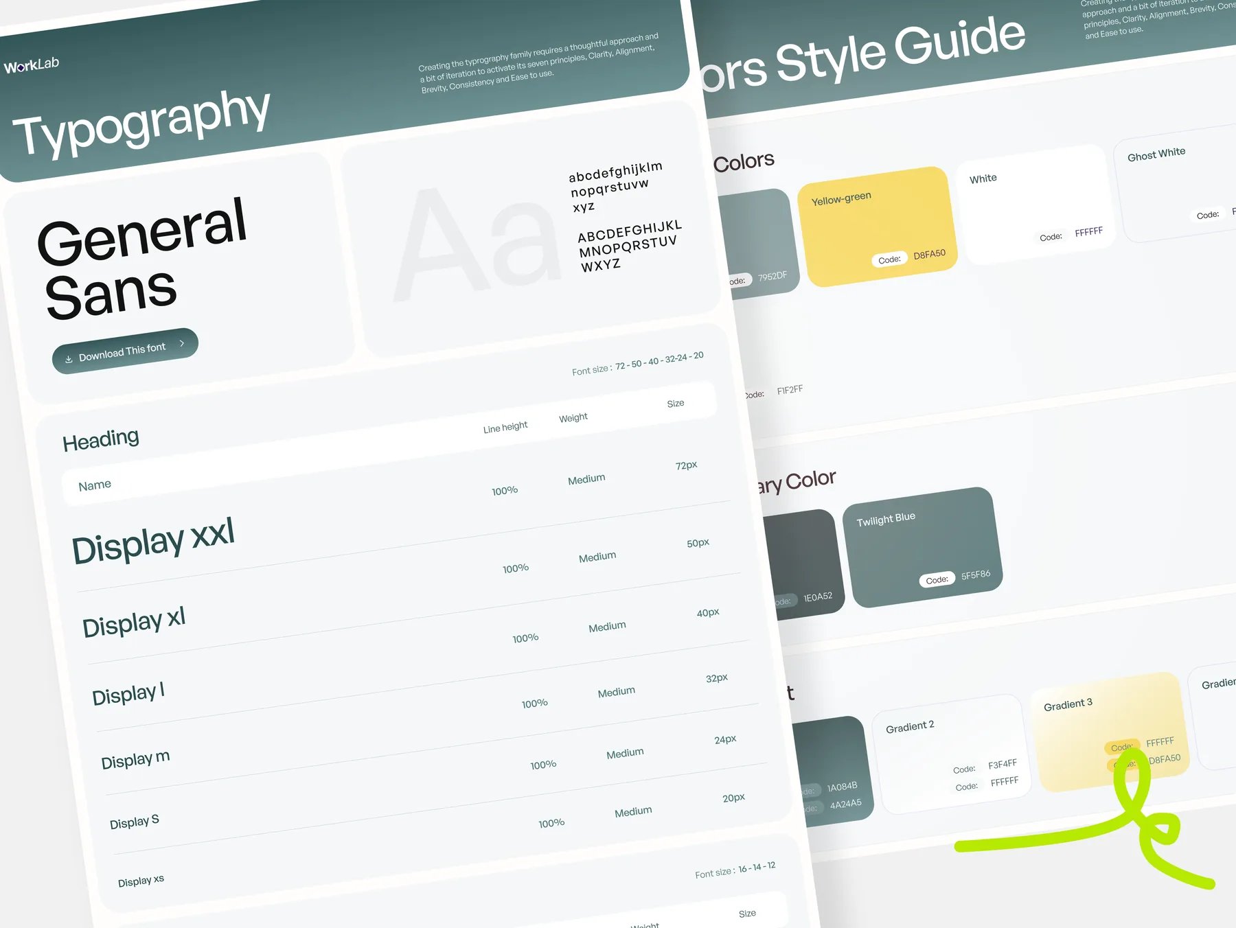 WorkLab design system: General Sans typography scale and colour style guide